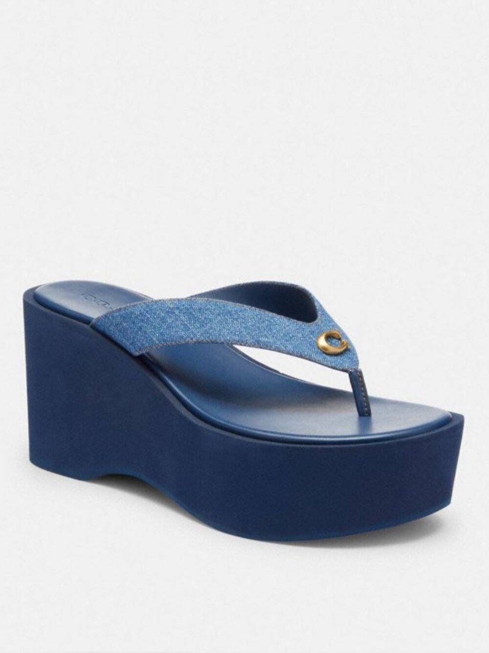 Coach Sculpted C Denim Platform Wedge Flip Flops Blue Size 6 NWOB